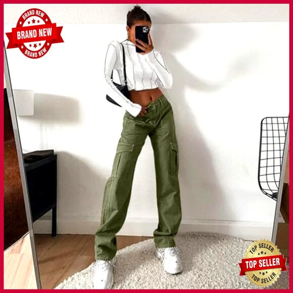 High Waisted Cargo Pants with 6 Pockets, Stretchy Wide Leg Casual Streetwear - Picture 5 of 7